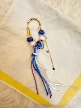 Gold Keyring Charm with Blue & White Beads and Multicolor Tassels bag charm